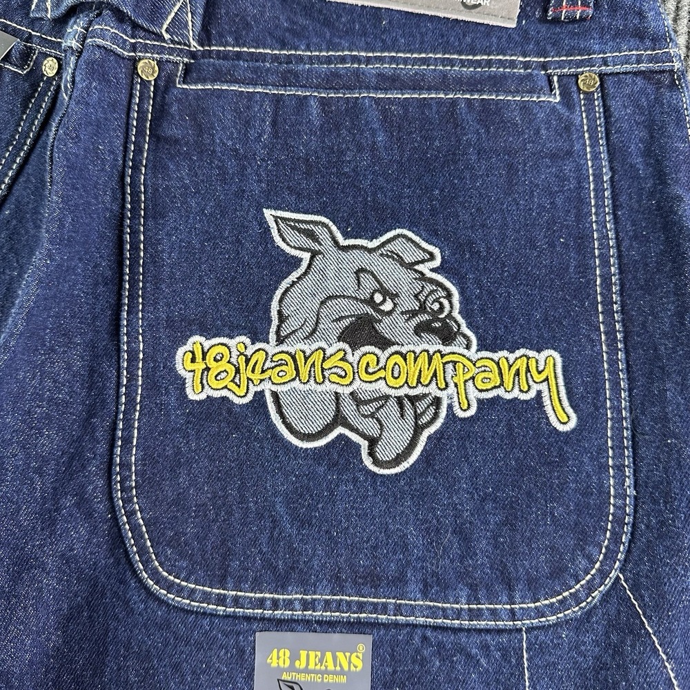 48 Jeans Denim Men 38x32 Blue Baggy Straight Leg Bulldog Patch Y2K Deadstock